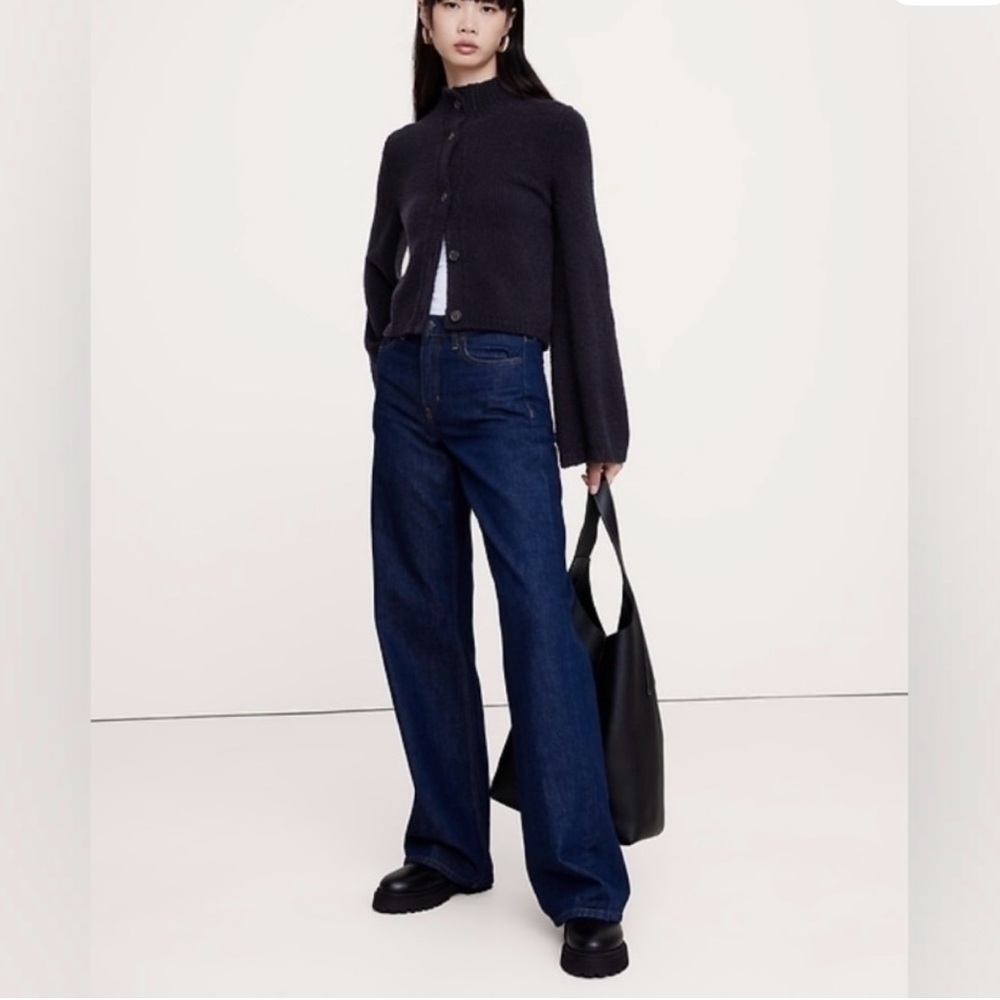 Banana Republic Merino-Wool Flare-Sleeve Cardigan in navy blue.